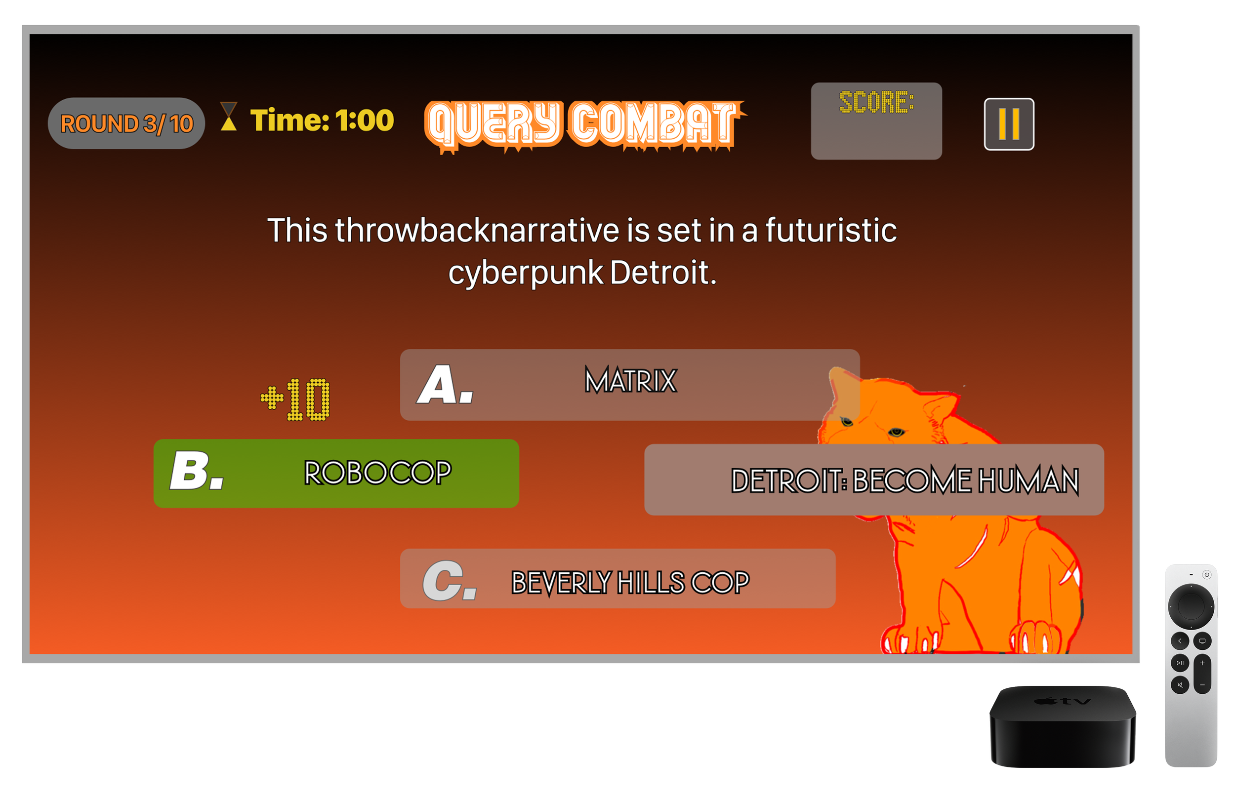 The screen shows a quiz game interface with a futuristic cyberpunk Detroit theme. Text indicates it's round 3 of 10 with 1 minute remaining. A brief description mentions a sci-fi Detroit setting. Multiple-choice options include A. Matrix, B. Robocop, and C. Beverly Hills Cop, with Robocop highlighted in green. An orange lion illustration is partially visible on the right side.