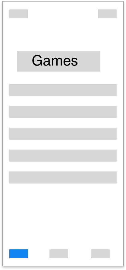 Mobile phone screen with a menu labeled 'Games' and four gray menu options, with a blue icon at the bottom left.