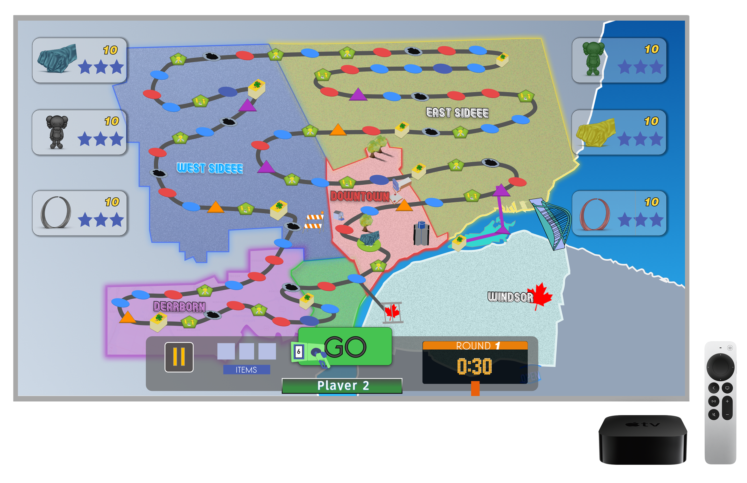 A digital game board on an iMac screen depicting a map with regions labeled 'Windsor,' 'Downtown,' 'Dearborn,' with game paths, tokens, and icons. There's a timer, round indicator, and player status on the screen.