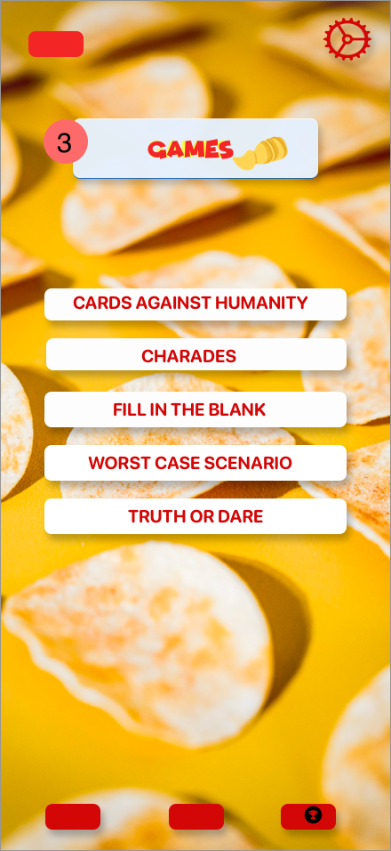 Mobile game menu screen titled 'GAMES' with a yellow background featuring sliced oranges. Menu options include 'Cards Against Humanity,' 'Charades,' 'Fill in the Blank,' 'Worst Case Scenario,' and 'Truth or Dare.' Icons for settings, home, and social media are also visible.