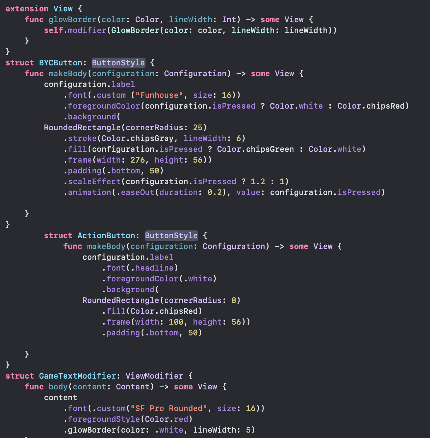 Screenshot of programming code written in Swift language, showing UI component styles including buttons with various properties like color, font, border, and animations.