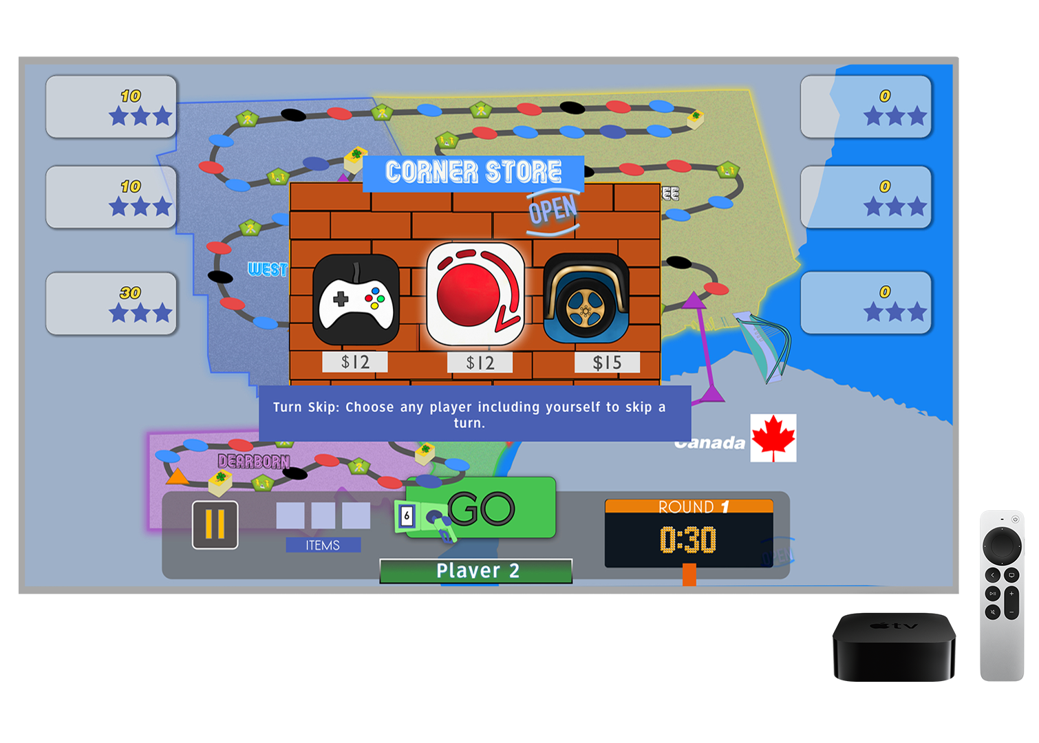 Screenshot of a board game, featuring a map divided into regions with paths and Monopoly-like properties, a pop-up shopping interface with three items priced $12, $12, and $15, and a game timer showing 30 seconds. The background shows parts of the game board.