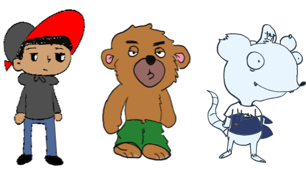 Three cartoon characters: a boy with a red hat and gray hoodie, a brown bear wearing green shorts, and a white cat dressed as a police officer.