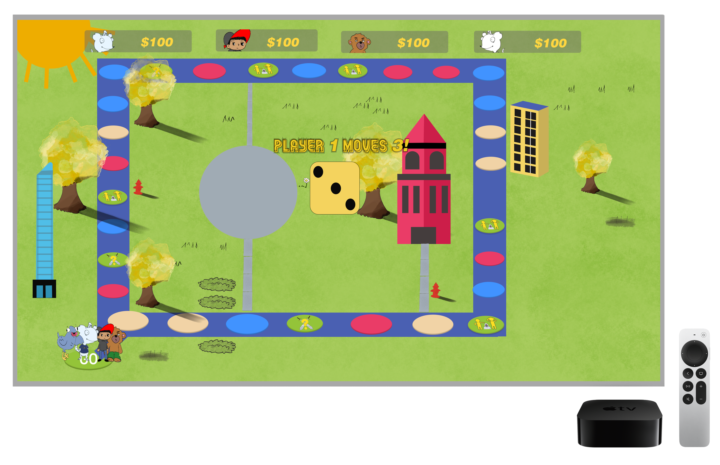 An iPad screen showing a digital board game with a green background and a blue path around the perimeter. The game includes cartoon characters, trees, and houses, with a dice and animated effects. The top and bottom edges display player icons with virtual currency worth $100 each.