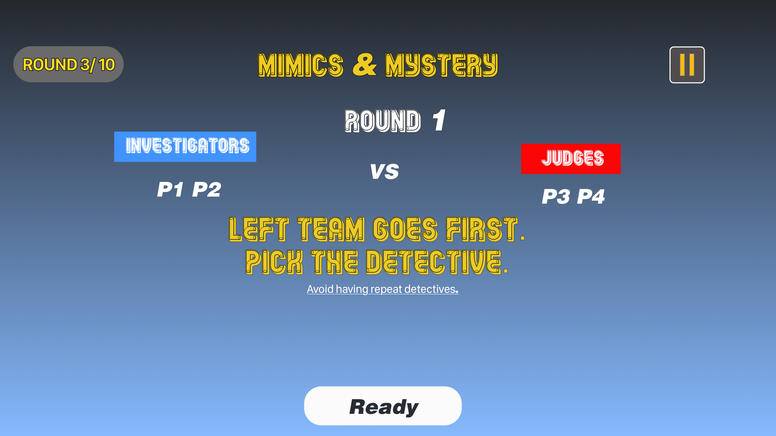 Screenshot of a game showing round 3 of a 'Mimics & Mystery' quiz. The game has two teams labeled 'Investigators' and 'Judges' with prompts for each team, and instructions to pick the detective first for each round.