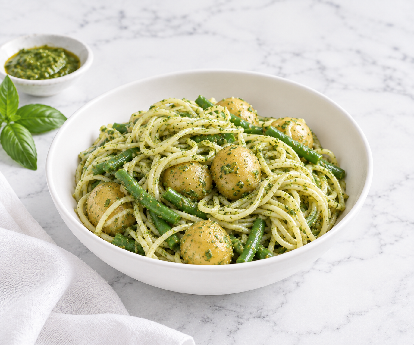 One-Pot Linguine with Potatoes, Green Beans, and Walnut Pesto
