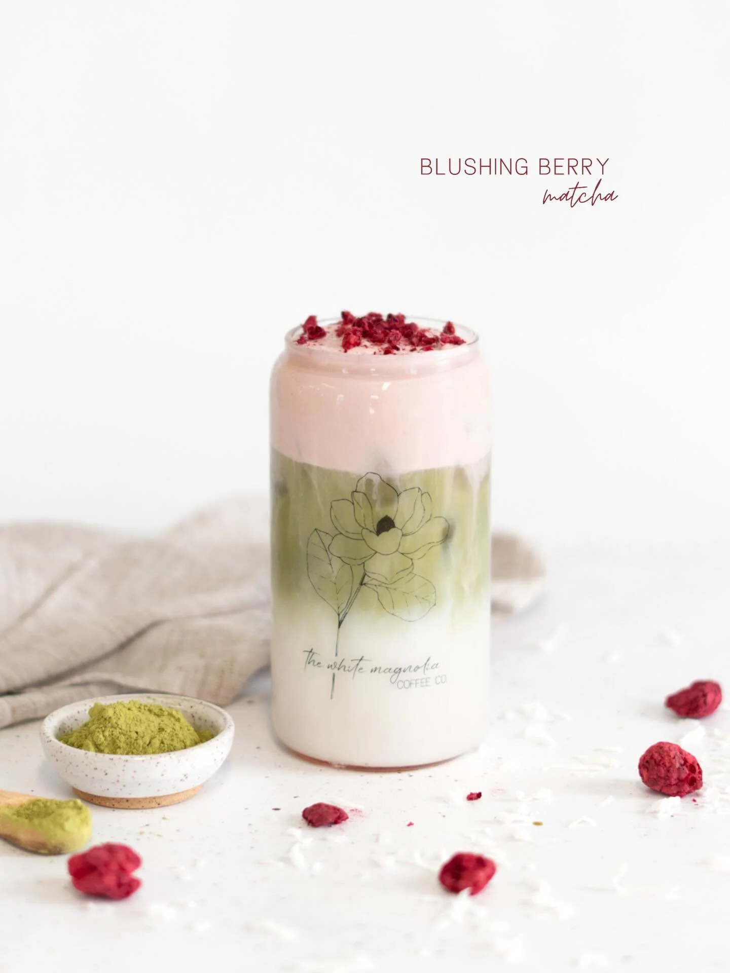 Beautiful layers of vibrant green matcha meet luscious pink raspberry sweet cream for the prettiest little pick-me-up. Earthy matcha swirls with sweet raspberry and a hint of creamy coconut, creating a smooth, cheerful sip that feels like spring brea