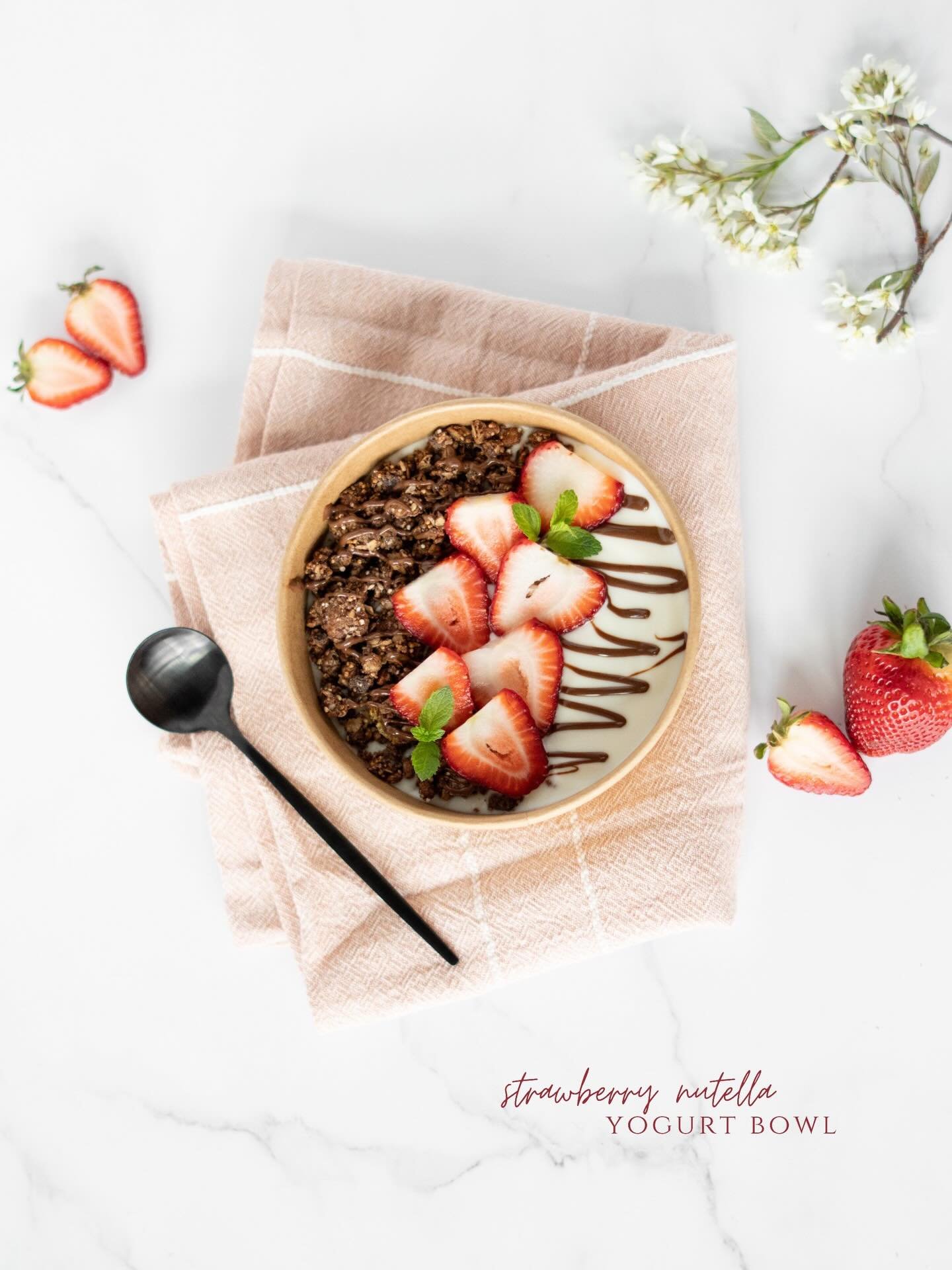 🍓 Start your day with our Strawberry Nutella Yogurt Bowl &mdash; creamy vanilla yogurt layered with crunchy chocolate granola, fresh juicy strawberries, and a generous drizzle of rich Nutella. Basically, the kind of breakfast that feels like a treat
