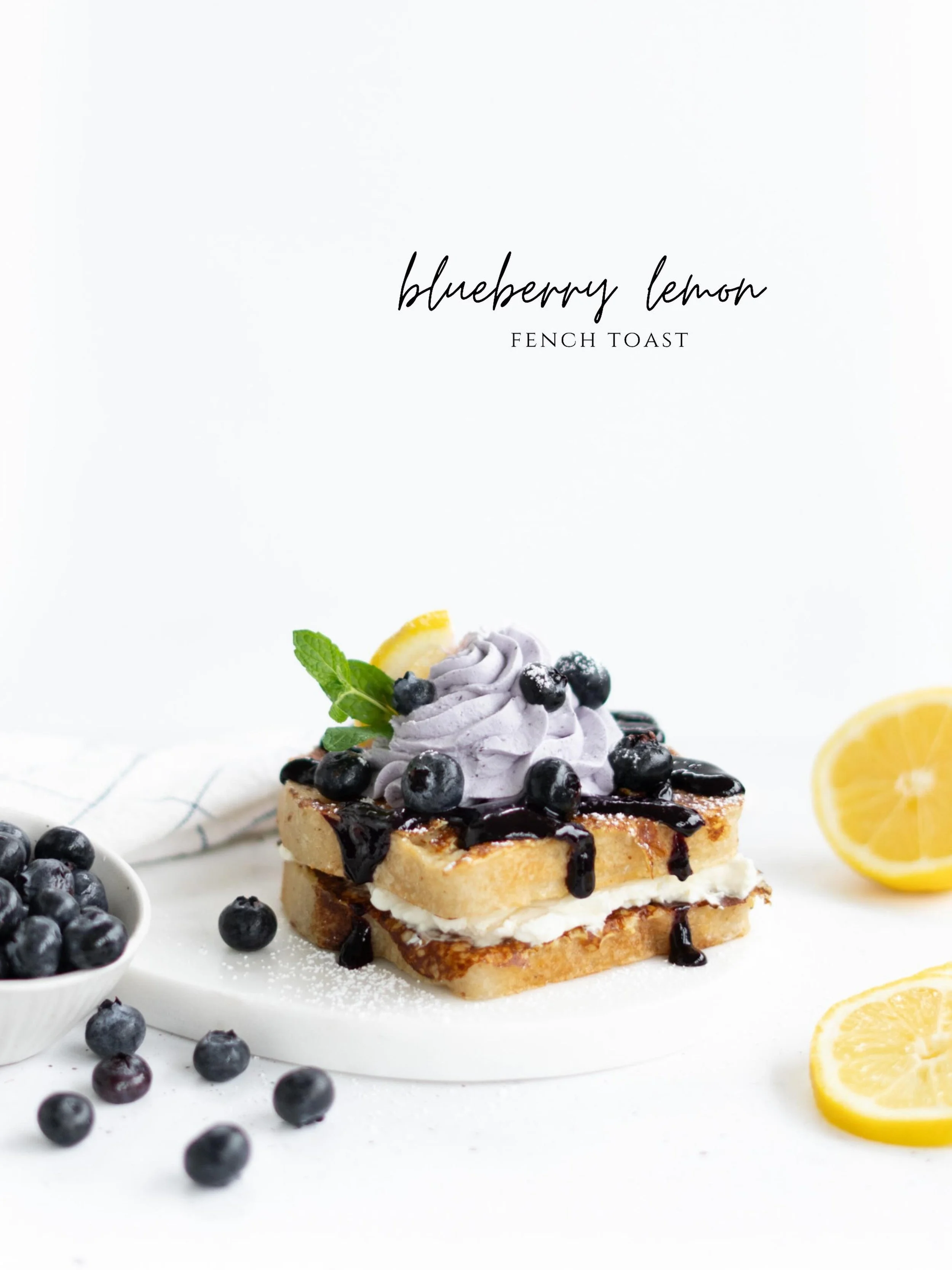 Golden French toast stuffed with a rich, creamy lemon filling and topped with sweet blueberry coulis, fluffy blueberry whipped cream, and fresh blueberries. Finished with a dusting of powdered sugar and a fresh lemon wedge, it&rsquo;s the perfect bal