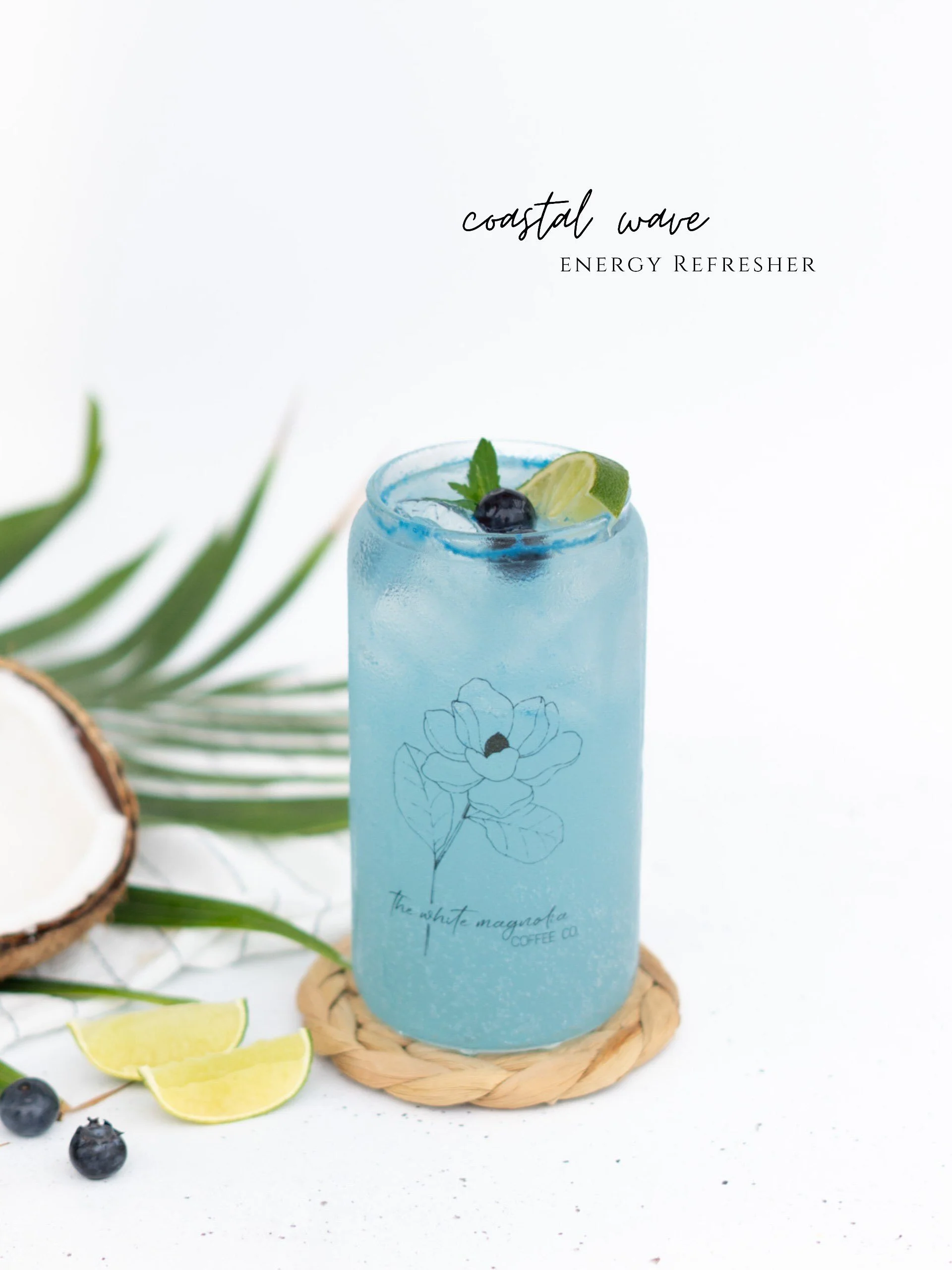 This vibrant blue energy blend sparkles with edible shimmer and dances with bright honeyberry, zesty lime, and smooth coconut. Topped with juicy blueberries and a fresh lime slice, its a tropical summer escape in every sip.