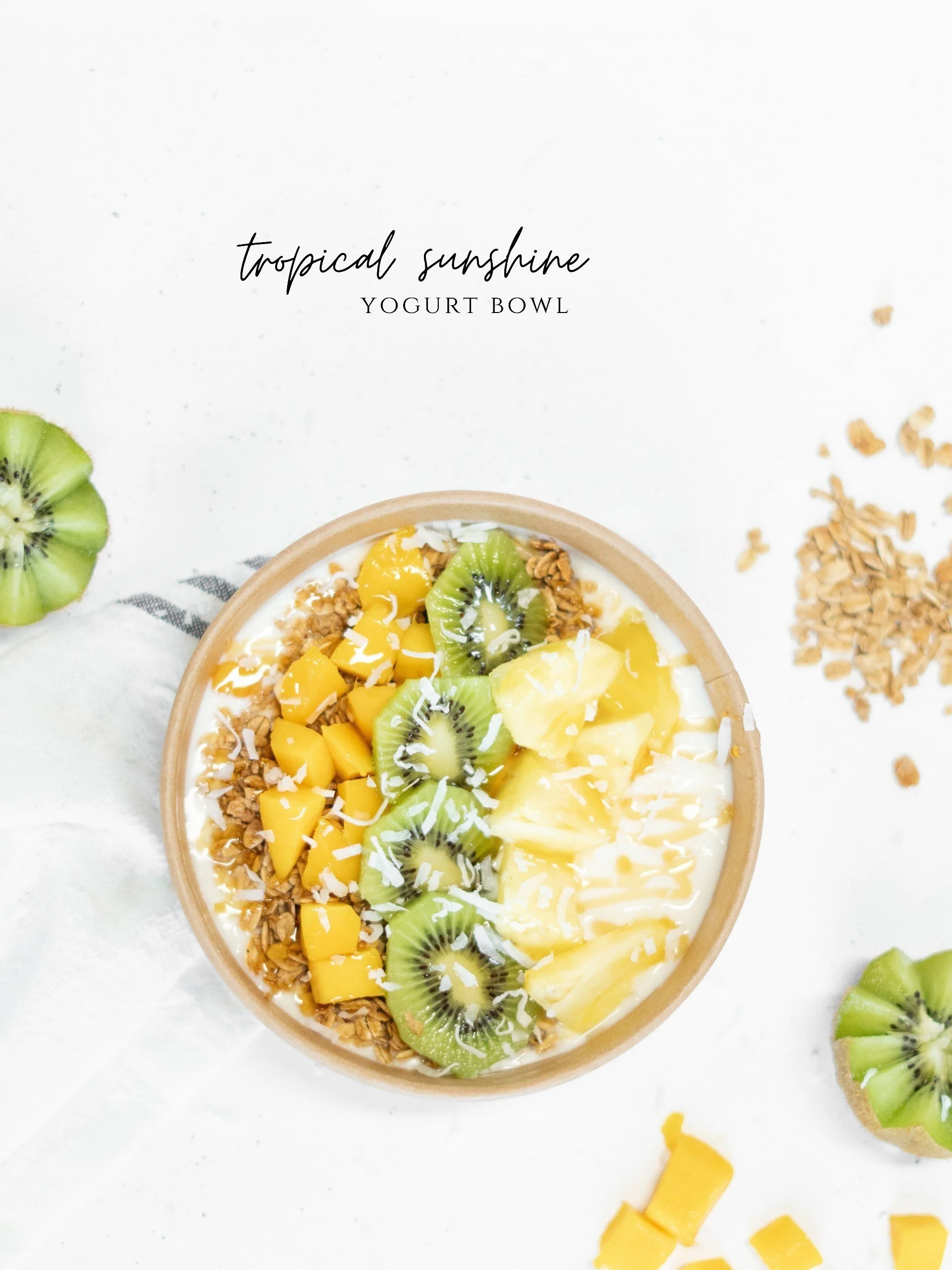 Sunshine in a bowl! Creamy vanilla yogurt is topped with juicy mango, tangy kiwi, sweet pineapple, and crunchy granola for the perfect balance of fresh fruit and satisfying crunch. Finished with a drizzle of golden honey and a sprinkle of coconut fla