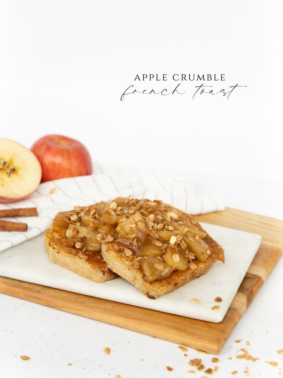 Sweet apples lightly saut&eacute;ed in brown sugar and butter, sprinkled with buttery oat crunchies, served on two slices of warm french toast, merging two traditional favorites into a comforting breakfast medley that pairs wonderfully with any morni