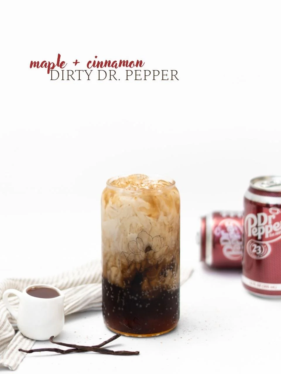 Join cozy maple + cinnamon at a party with Dr. Pepper! Add a splash of cream and it&rsquo;s a spiced dirty soda! A fun drink to reminisce summer nights gone by.