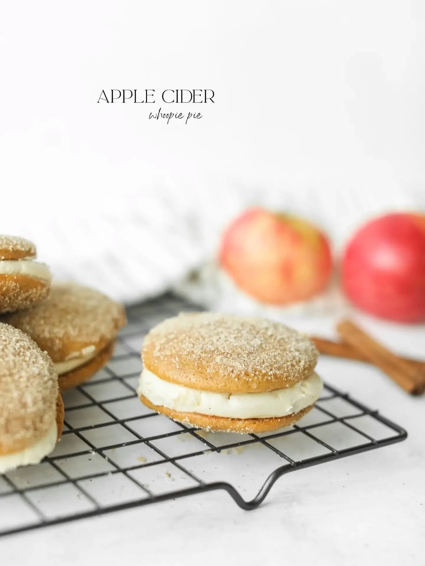 A little taste of fall in every bite! Soft apple cider cookies sandwich a fluffy caramel buttercream, then are rolled in cinnamon sugar for the perfect sweet finish. Cozy, nostalgic, and just the treat you want with your favorite fall drink.