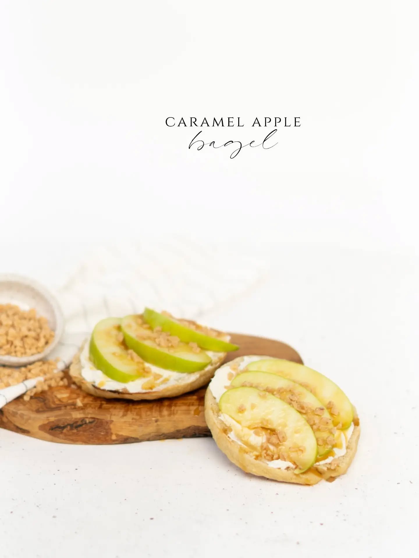 A sweet fall spin on a classic sourdough bagel! Creamy, lightly sweetened cream cheese is layered with crisp autumn apples, caramel drizzle, and crunchy toffee bits. It&rsquo;s everything you love about a caramel apple, but on a bagel&mdash;sweet, bu