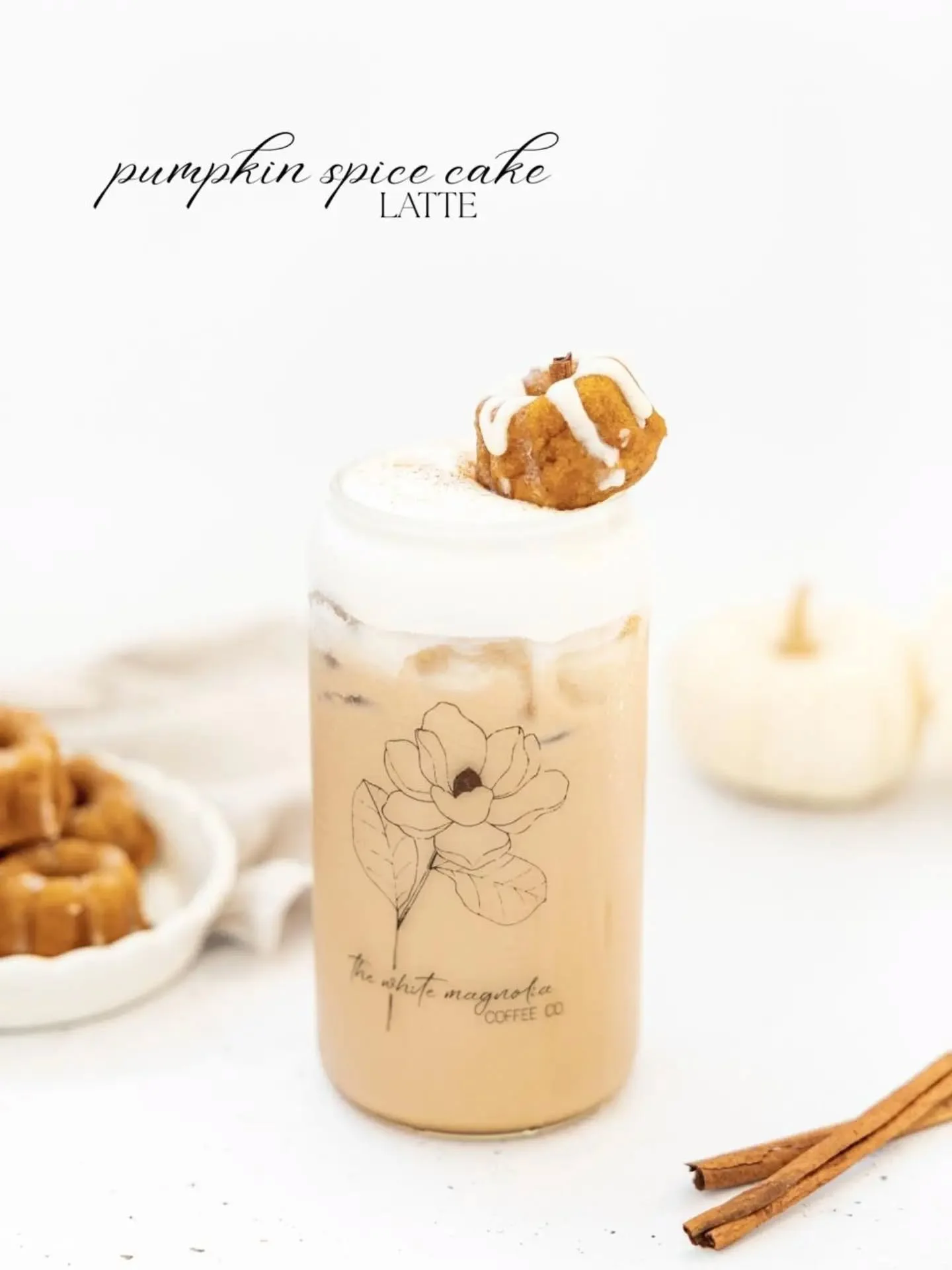 Imagine&mdash; All those warm + cozy fall spices in a cup with sweet + smooth white chocolate, joined by a fresh shot of espresso and a splash of milk, add a flourish of our sweet cream and cinnamon, topped with the most darling mini spice cake! Leve