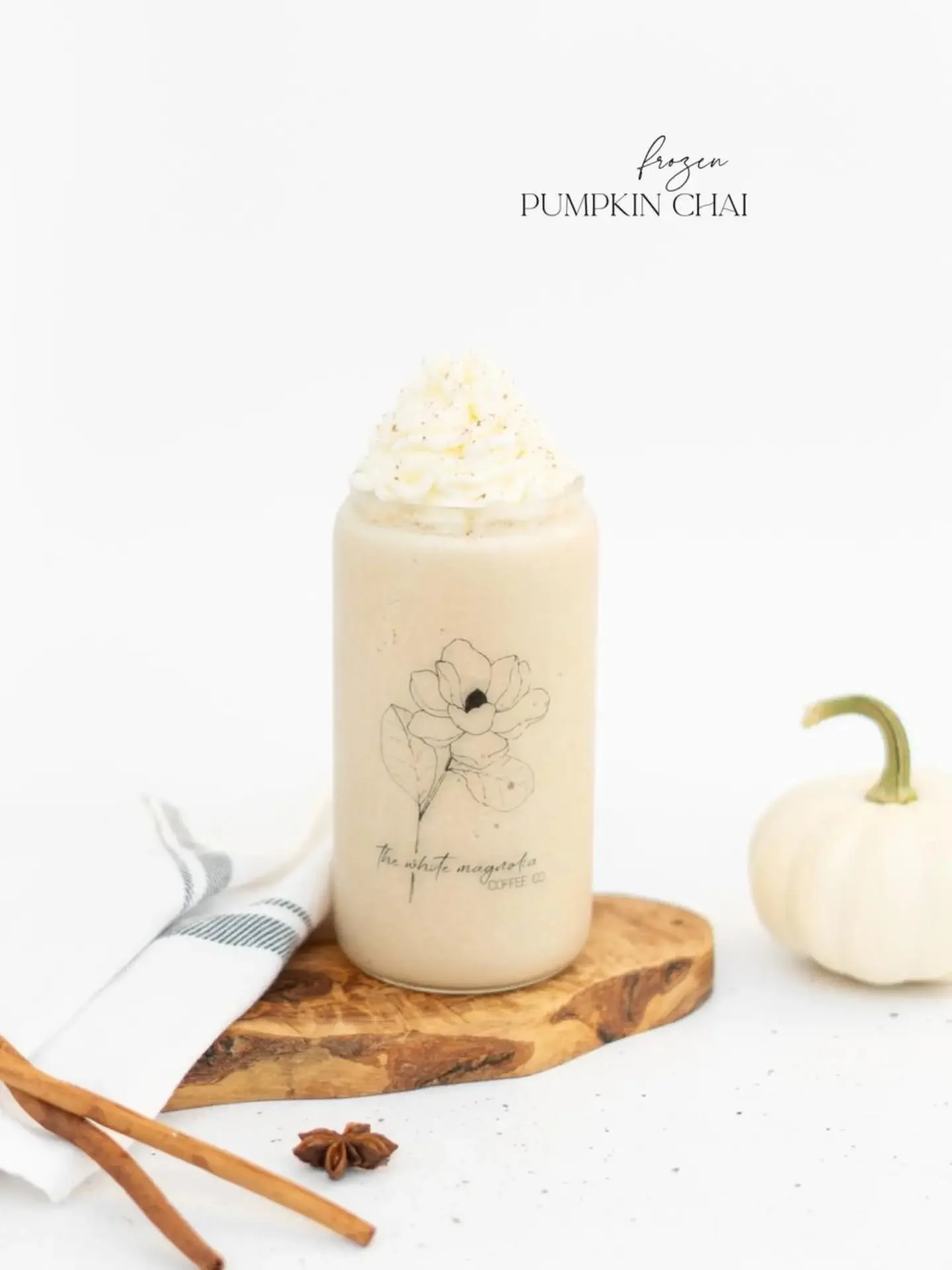 Meet the Frozen Pumpkin Chai. A creamy blend of chai and pumpkin blended icy smooth. A little sweet, a little spiced, and topped with whipped cream and a sprinkle of pumpkin spice. The coolest way to enjoy fall!😉
