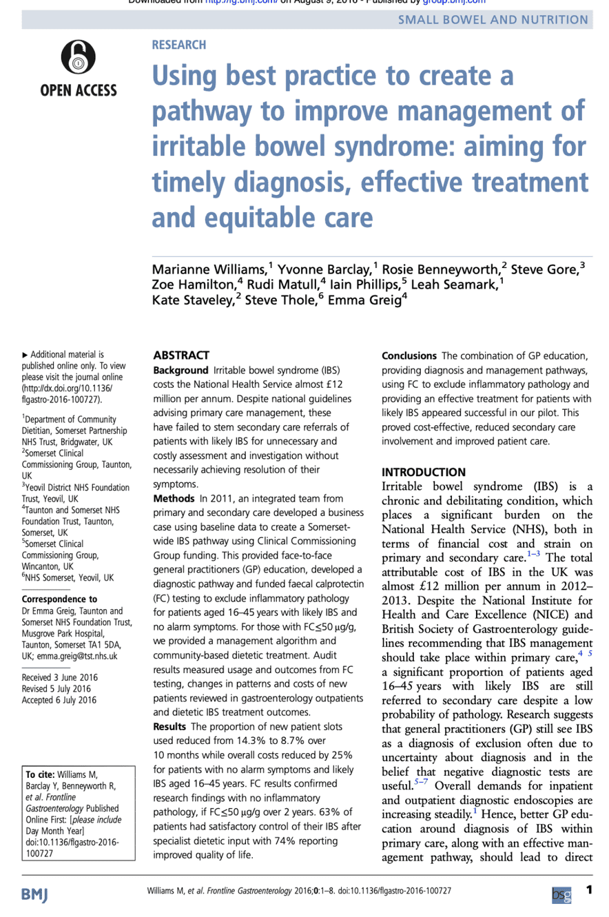 Read the paper: an NHS pathway to improve IBS management, Frontline Gastroenterology 2016