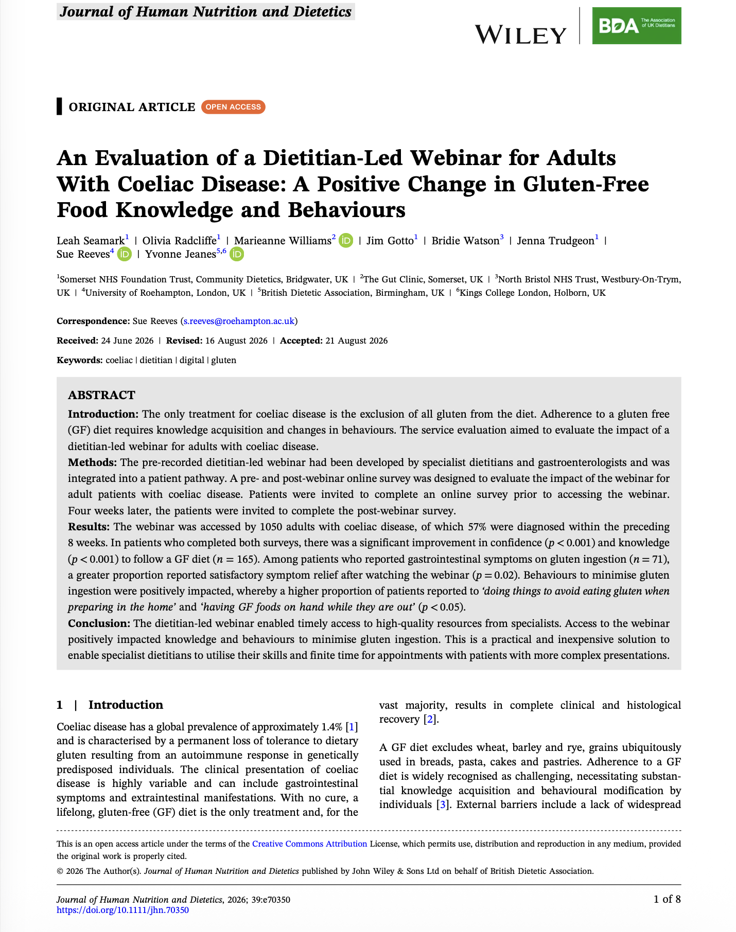 Read the paper: evaluation of a dietitian-led webinar for adults with coeliac disease, Journal of Human Nutrition and Dietetics 2026