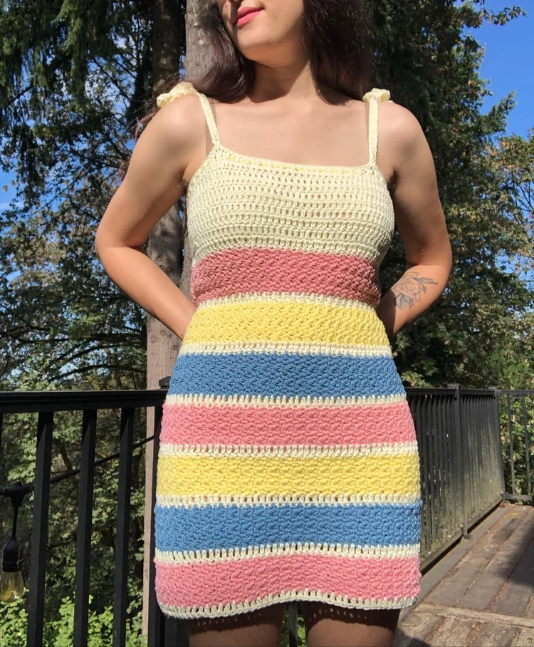 knee length dresses for ladies RAINBOW STITCHES CROCHET MINI DRESS – AKIRA