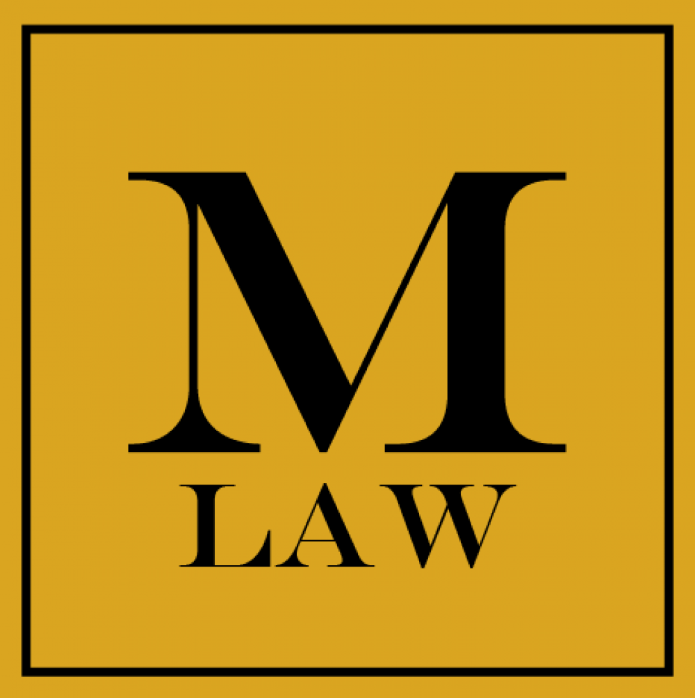 A gold square with a big "M" and smaller "law" representing the Merson Law logo
