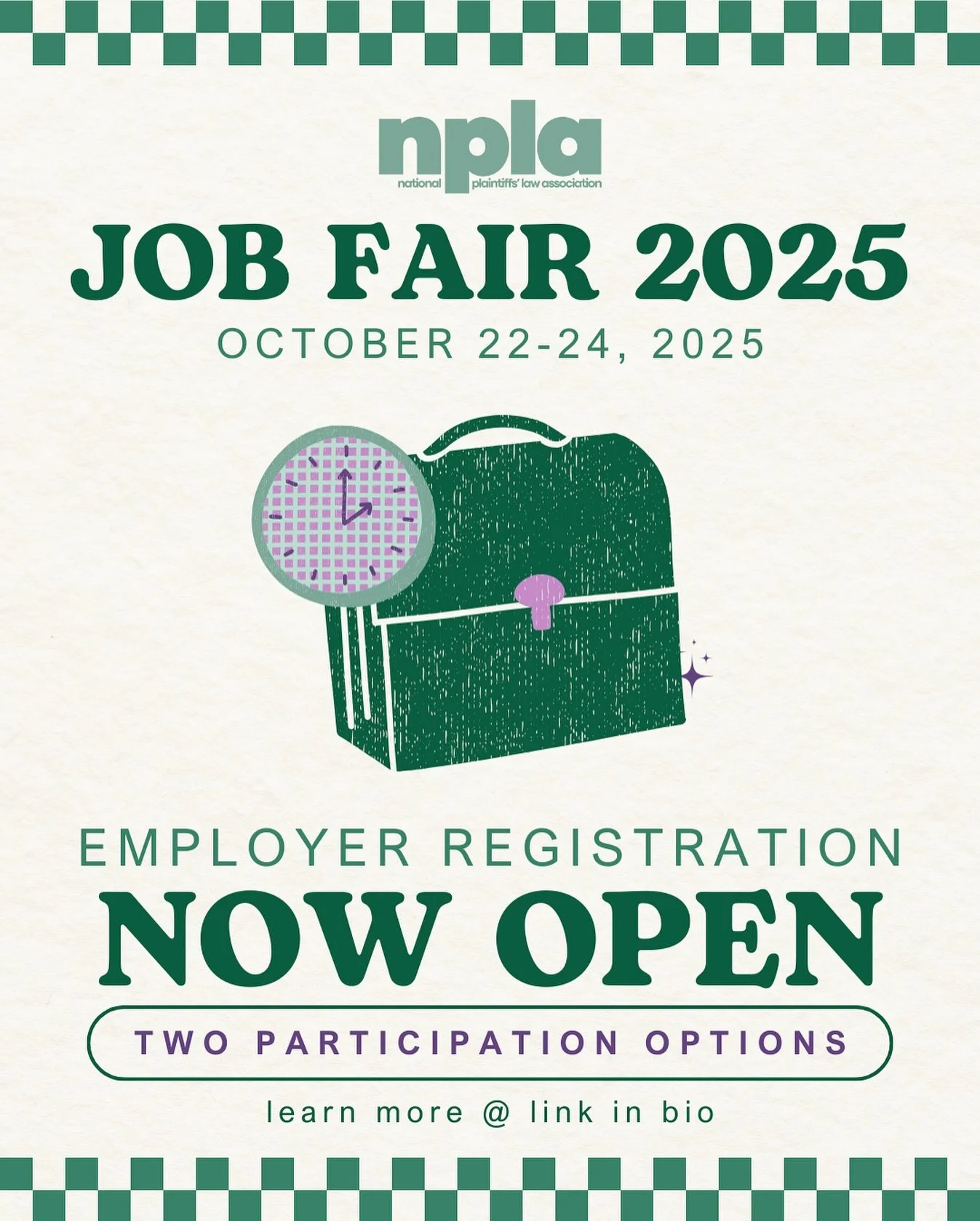 Employer registration for the NPLA's third annual plaintiffs'-side virtual Job Fair on October 22-24 is NOW OPEN! 
We're excited to offer two participation options that will allow plaintiffs' firms at any stage in their hiring process to take part (