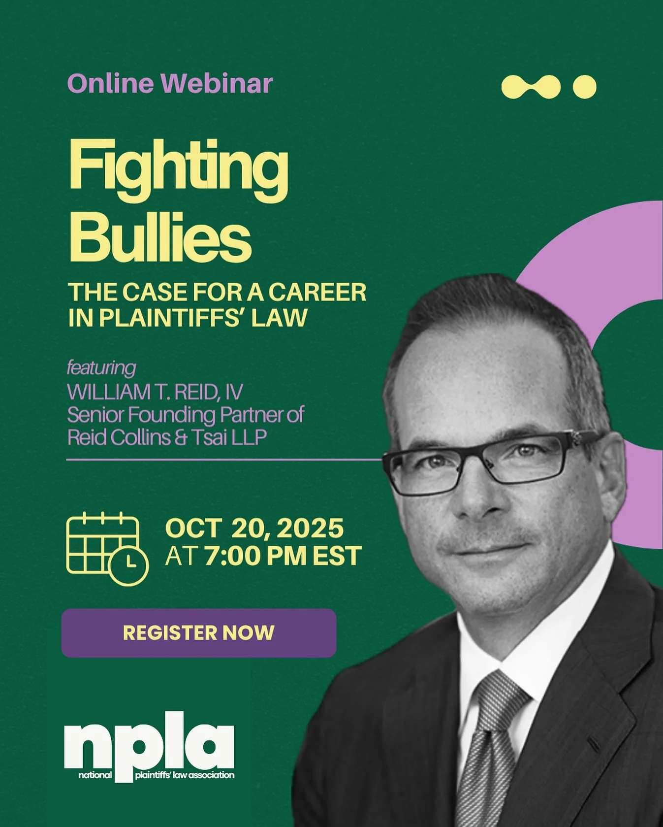 William (Bill) T Reid IV, the Senior Founding Partner of Reid Collins & Tsai LLP, has been traveling to law schools across the country—including Texas, Harvard, Yale, Georgetown, Stanford, NYU, and Columbia—to talk to law students abo