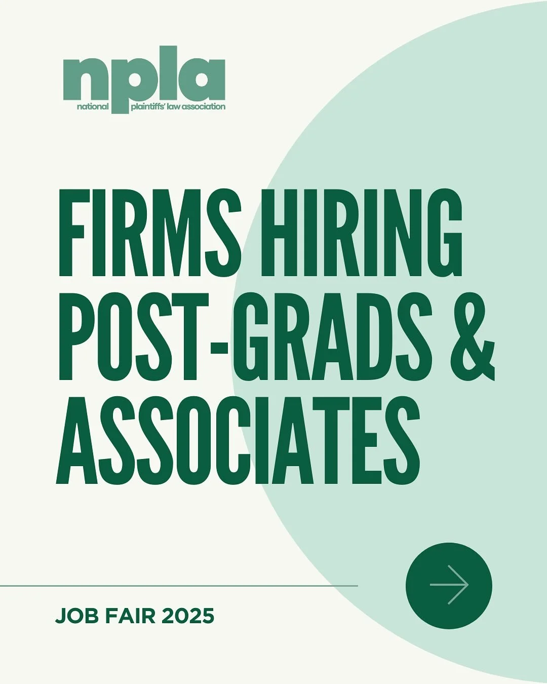 ๐ฃ Calling all 3Ls and recent alums ๐ฃ Firms are hiring associates at the NPLA Job Fair on October 22-24! Here are the firms we have signed up so far:
 • Ceresi Conlin LLP
 • Lieff Cabraser Heimann & Bernstein LLP
 &bull