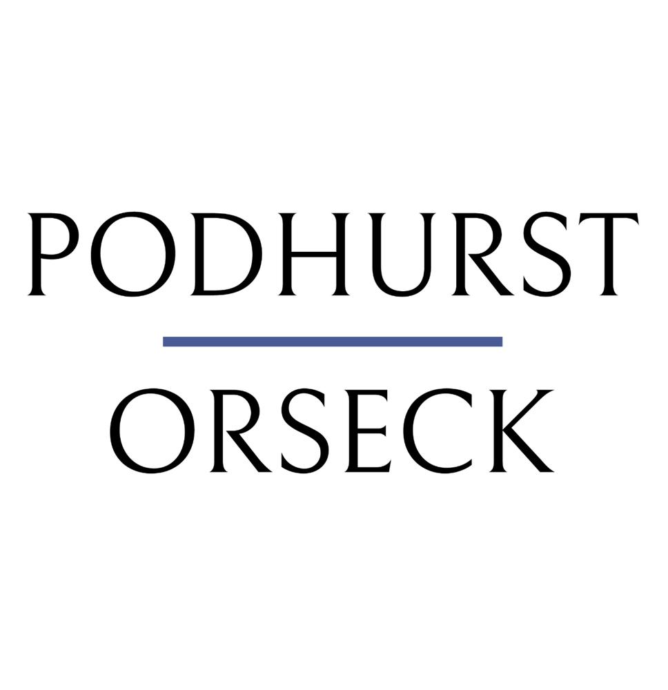 Logo which says "Podhurst Orseck" separated by a thin, blue line