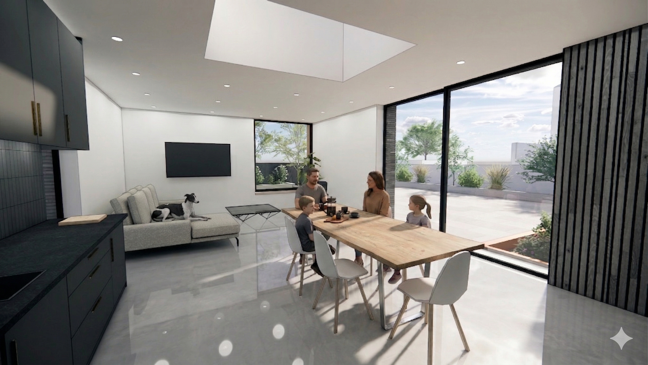 Interior view of a contemporary family home, with family sitting at table, with dog laying on sofa, Part of kitchen on the left side. Sliding glass doors and feature window with views to the garden
