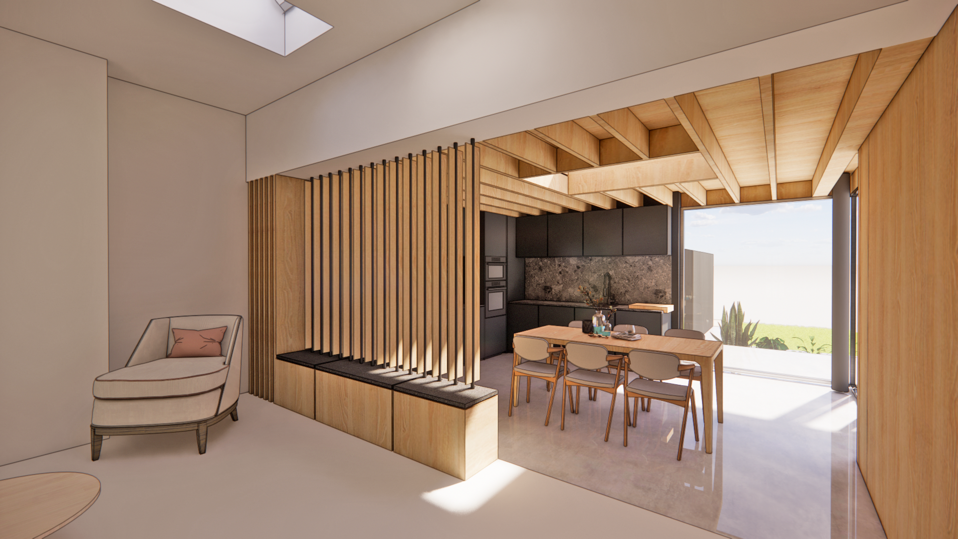 timber lined kitchen interior with exposed joists and full height glazing