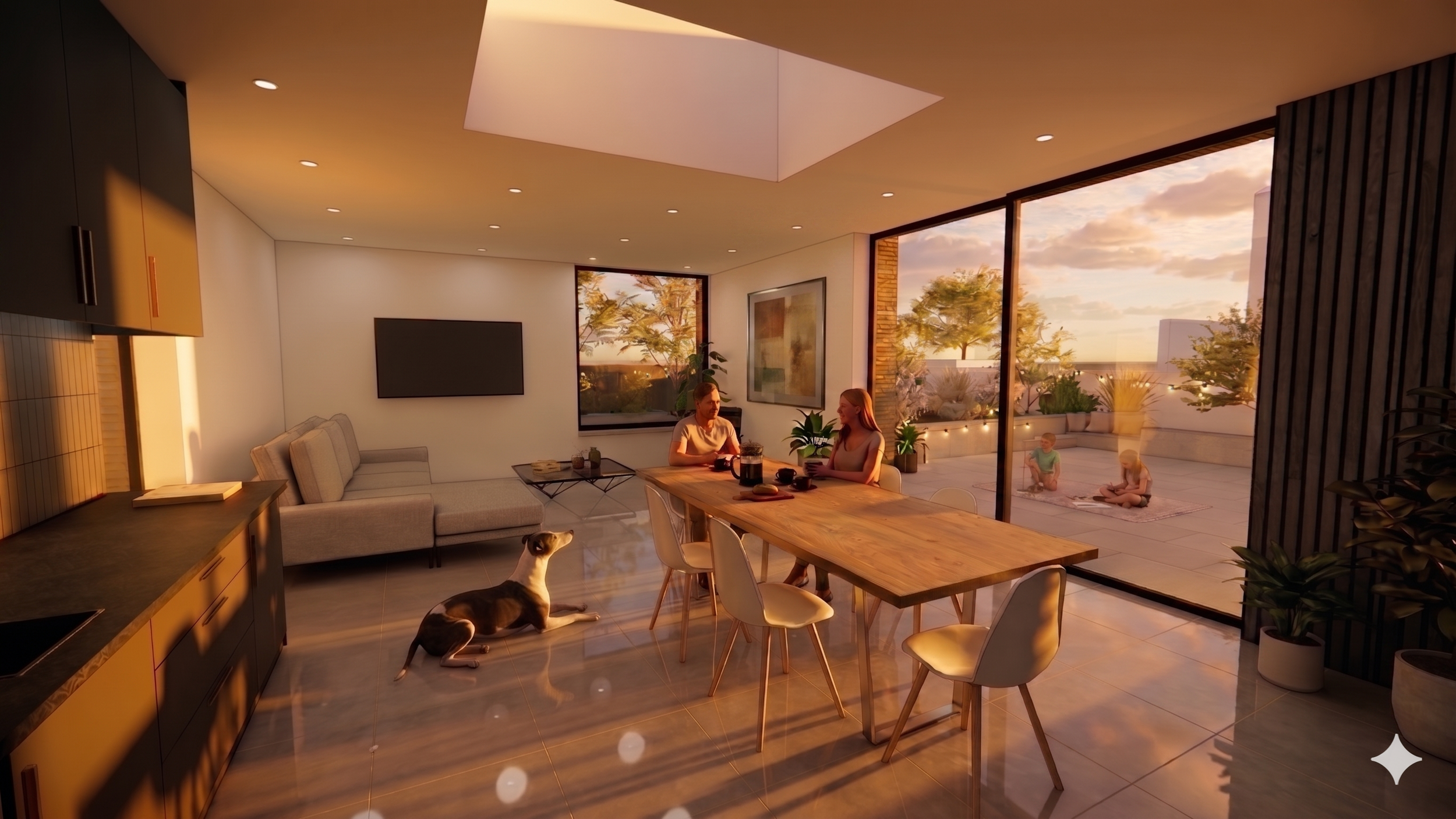 home interior, kitchen table with dog on the floor