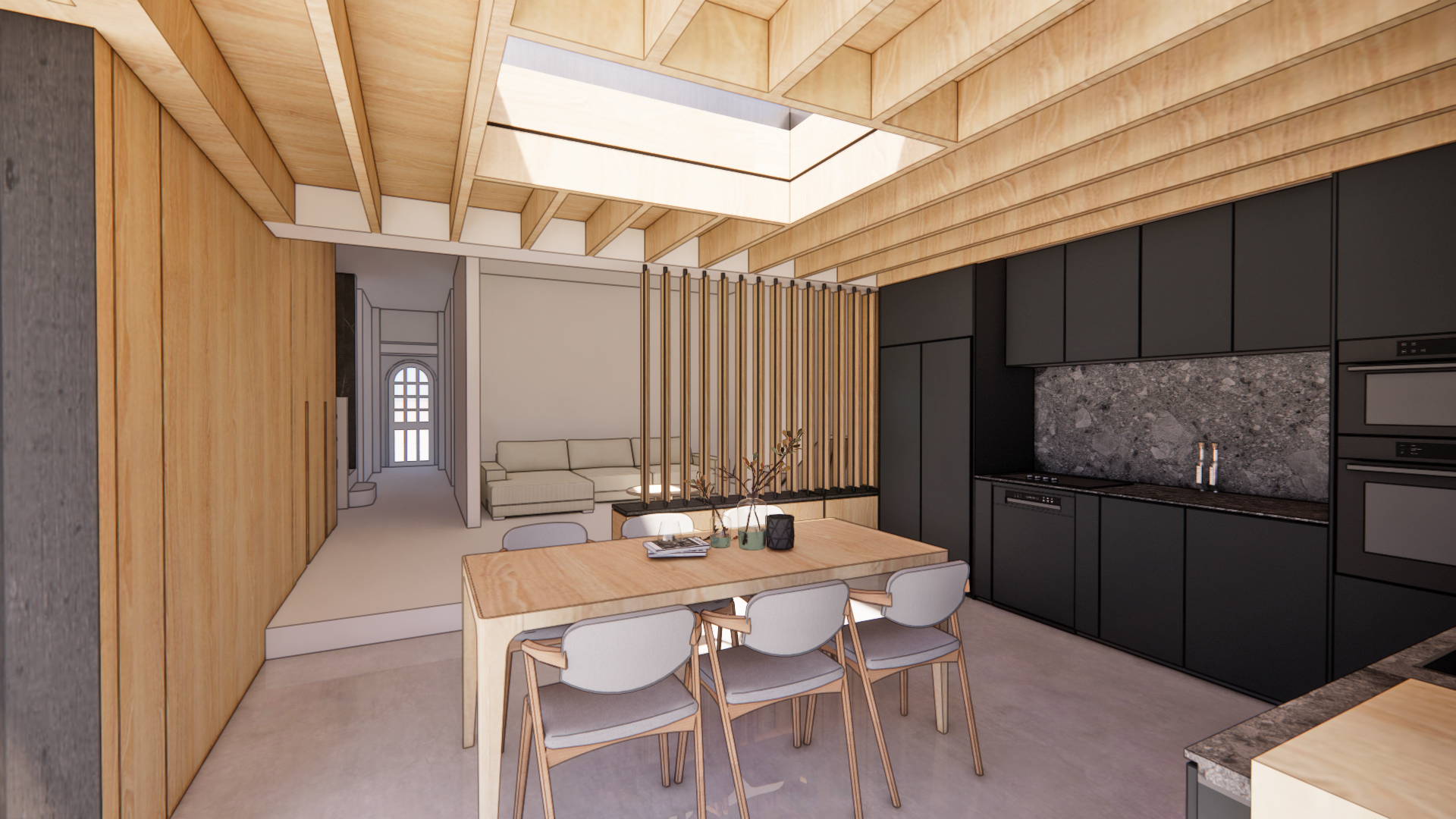 New Extension — A modest, carefully detailed addition with full‑height glazing that opens directly onto a new patio and strengthens the home’s connection to the garden.