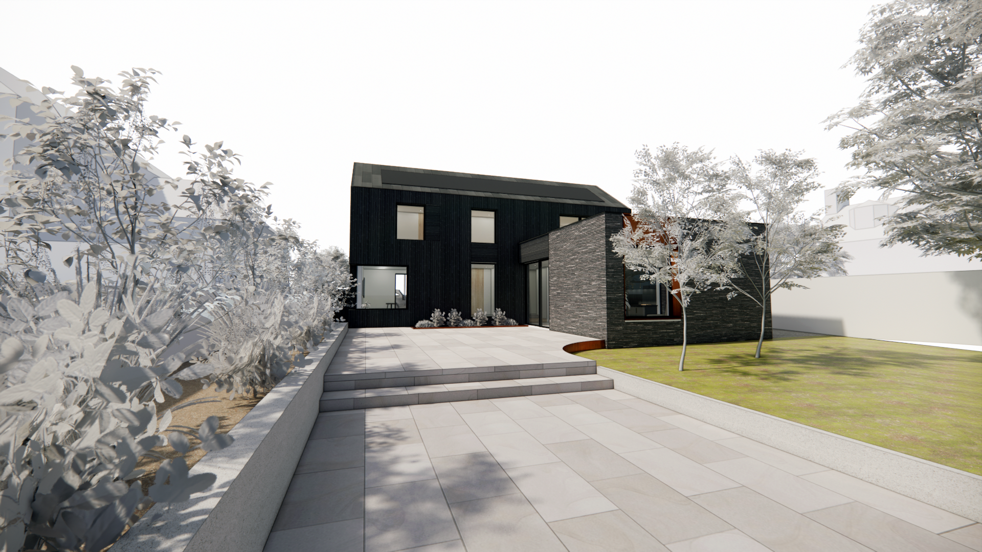View of proposed house, with black cladding grey brick and corten steel details.  Paved hard landscaping in foreground and white trees