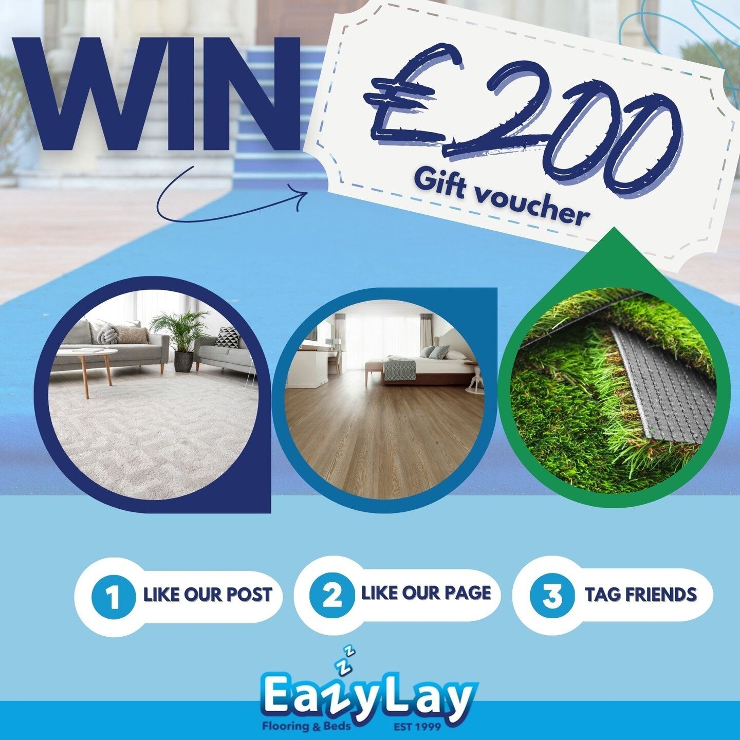 🎉✨ Exciting news! We're giving away a &pound;200 gift card to spend on any flooring or beds in-store! Simply like this post, follow our page, and tag friends for a chance to win! T&amp;Cs apply. Good luck! #Giveaway #Win #ShopLocal #EazyLay #EazyLay