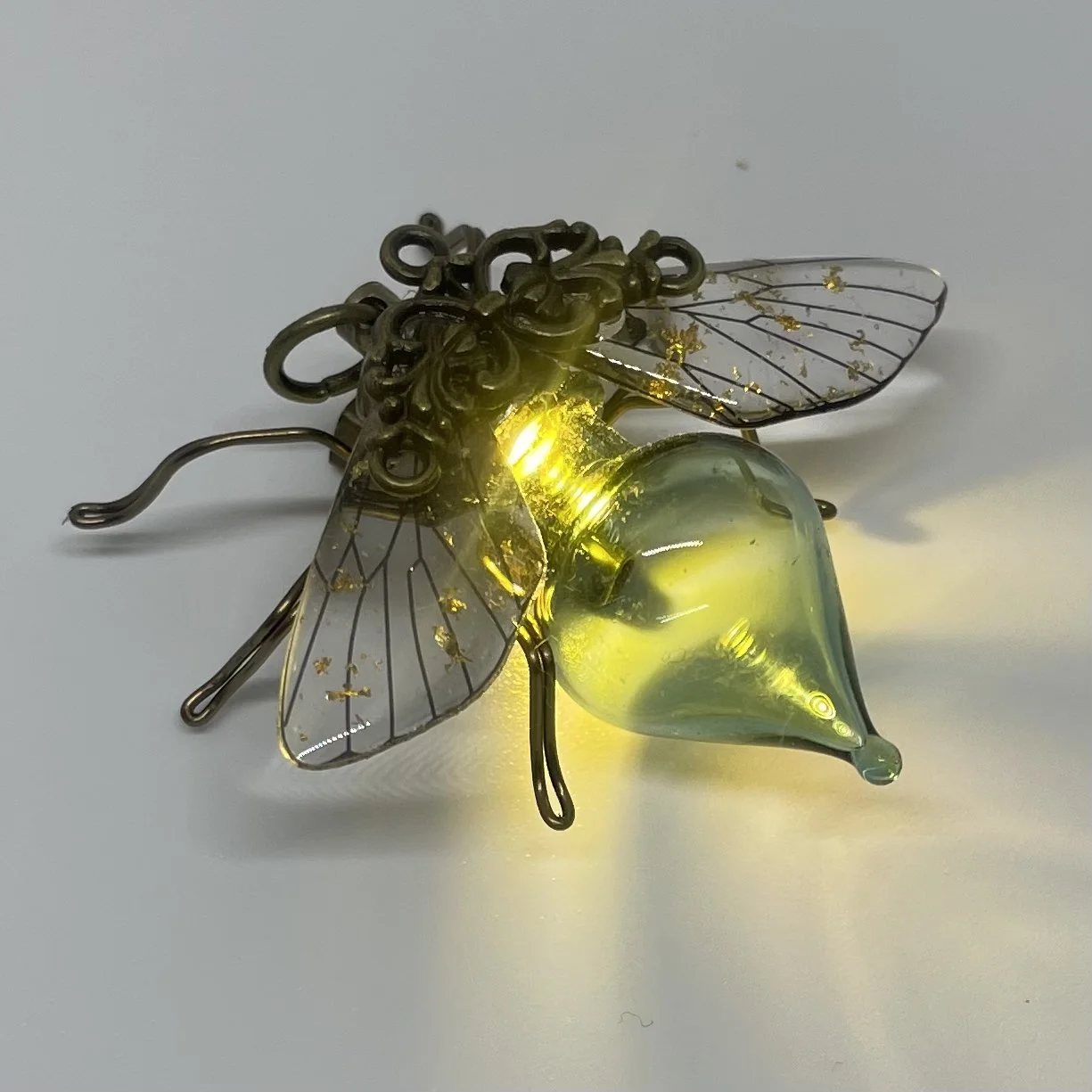 Clockwork Turquoise Glass Bee Brooch | Light-Up Steampunk Jewellery Wearable Art Gift