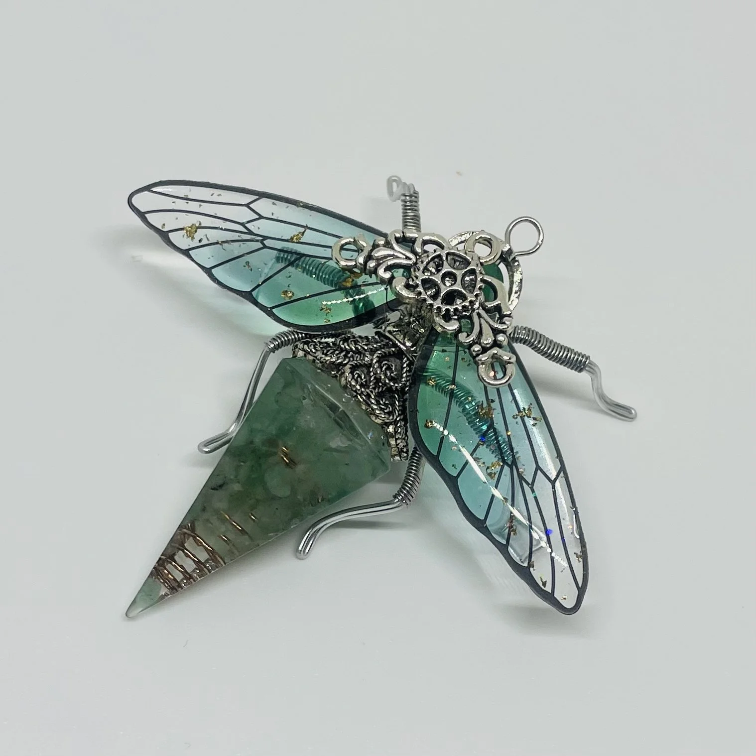 Jade Crystal Bee Brooch | Steampunk Filigree Resin Jewellery Wearable Art Gift