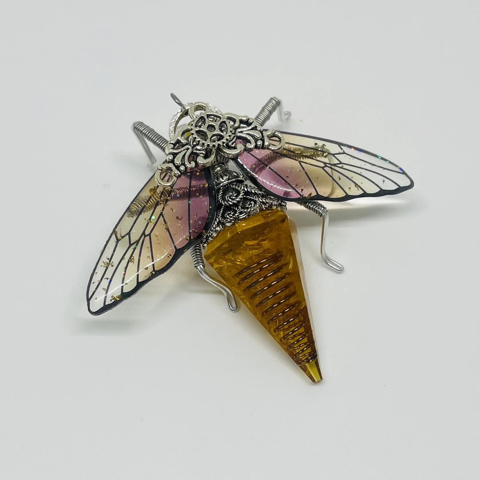 Citrine Orange Crystal Bee Brooch | Steampunk Resin Filigree Jewellery Wearable Art Gift