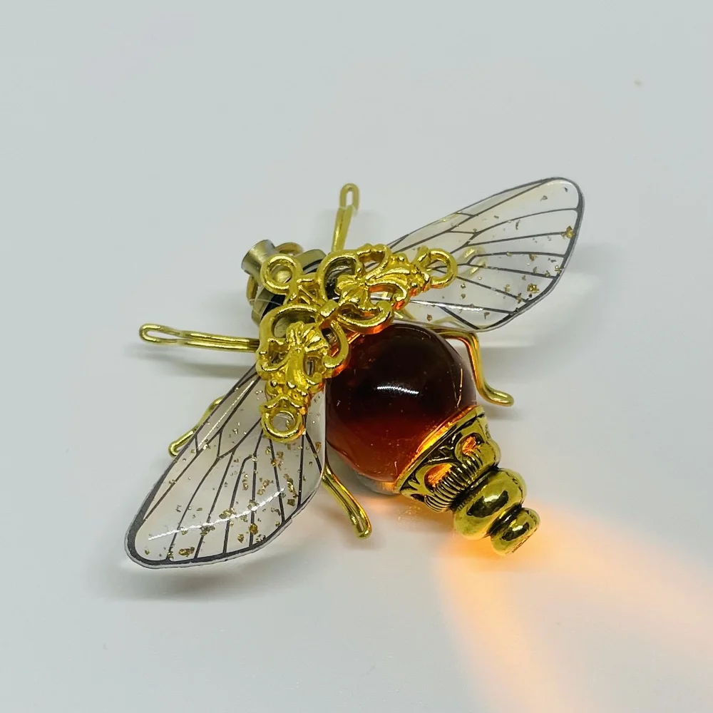 Light Up Steampunk Carnelian Orange Bee Brooch | Clockwork Insect