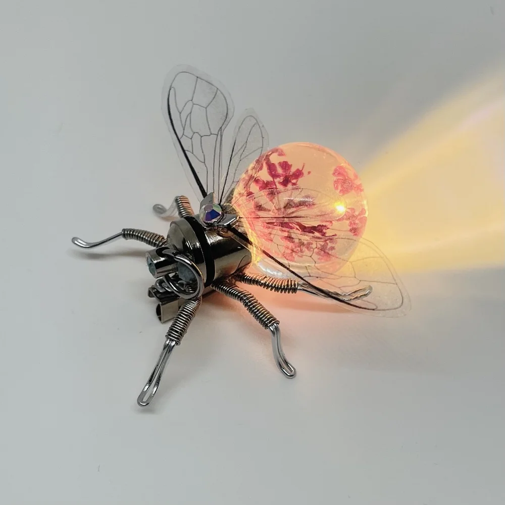 Steampunk Light Up Bee Brooch | Clockwork Pink Flower Pin | Sakura