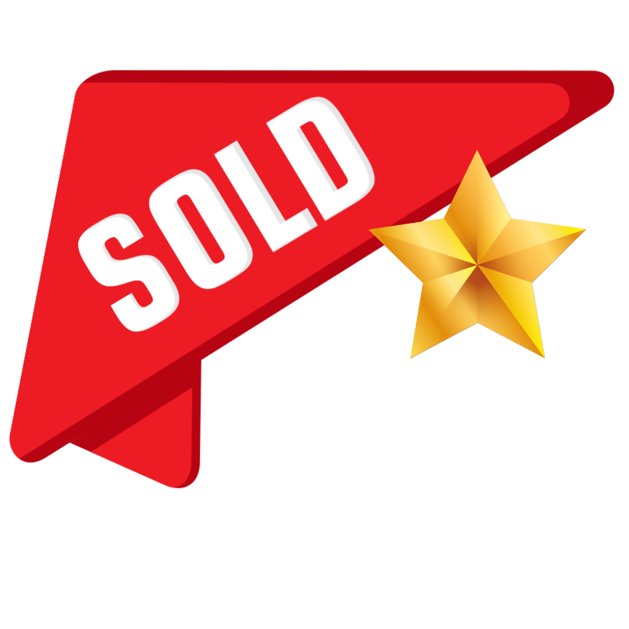 A red sale tag with a gold star and the word 'SOLD' written on it.