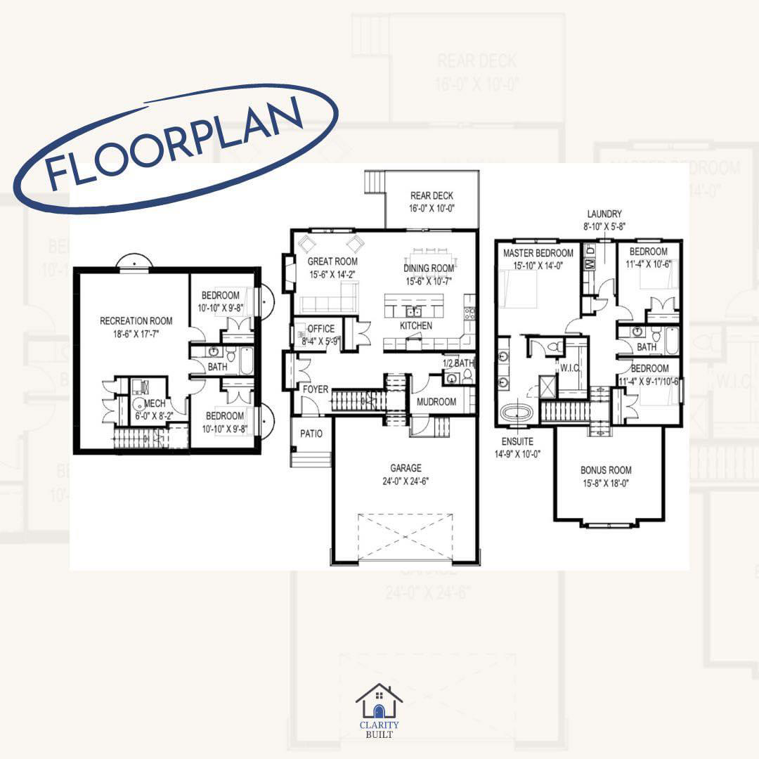 A detailed architectural floorplan of a house, showing various rooms including bedrooms, bathrooms, kitchen, living areas, garage, and outdoor decks.