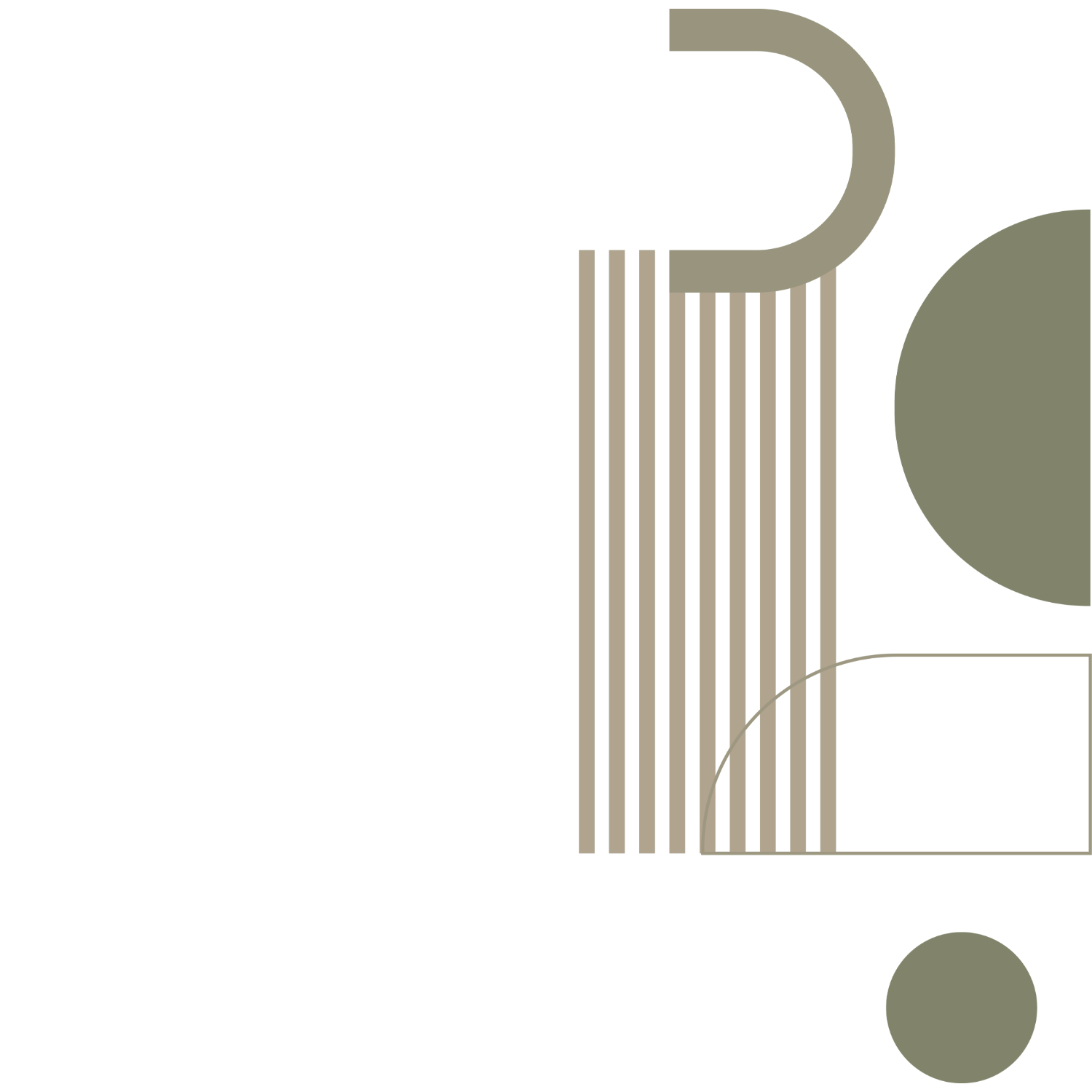 Abstract geometric art with black background, beige vertical lines, and green circles and semi-circles.