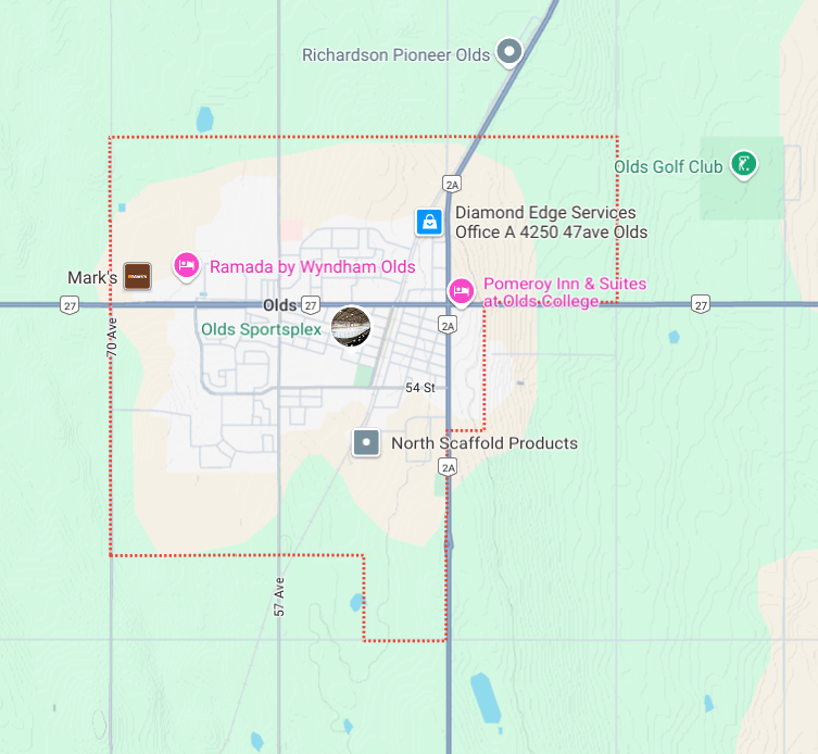 Map showing Olds, Alberta with local businesses and landmarks such as Ramada by Wyndham Olds, Pomeroy Inn & Suites at Olds College, Olds Sportsplex, North Scaffold Products, and Richardson Pioneer Olds, along with highways 27 and 2A.