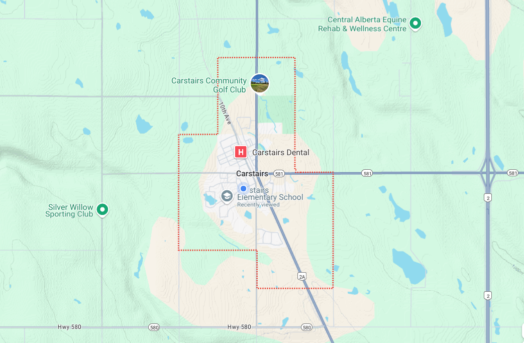 Map of Carstairs, Alberta, showing local landmarks including Carstairs Community Golf Club, Carstairs Elementary School, Silver Willow Sporting Club, and Carstairs Dental, with roads and bodies of water marked.