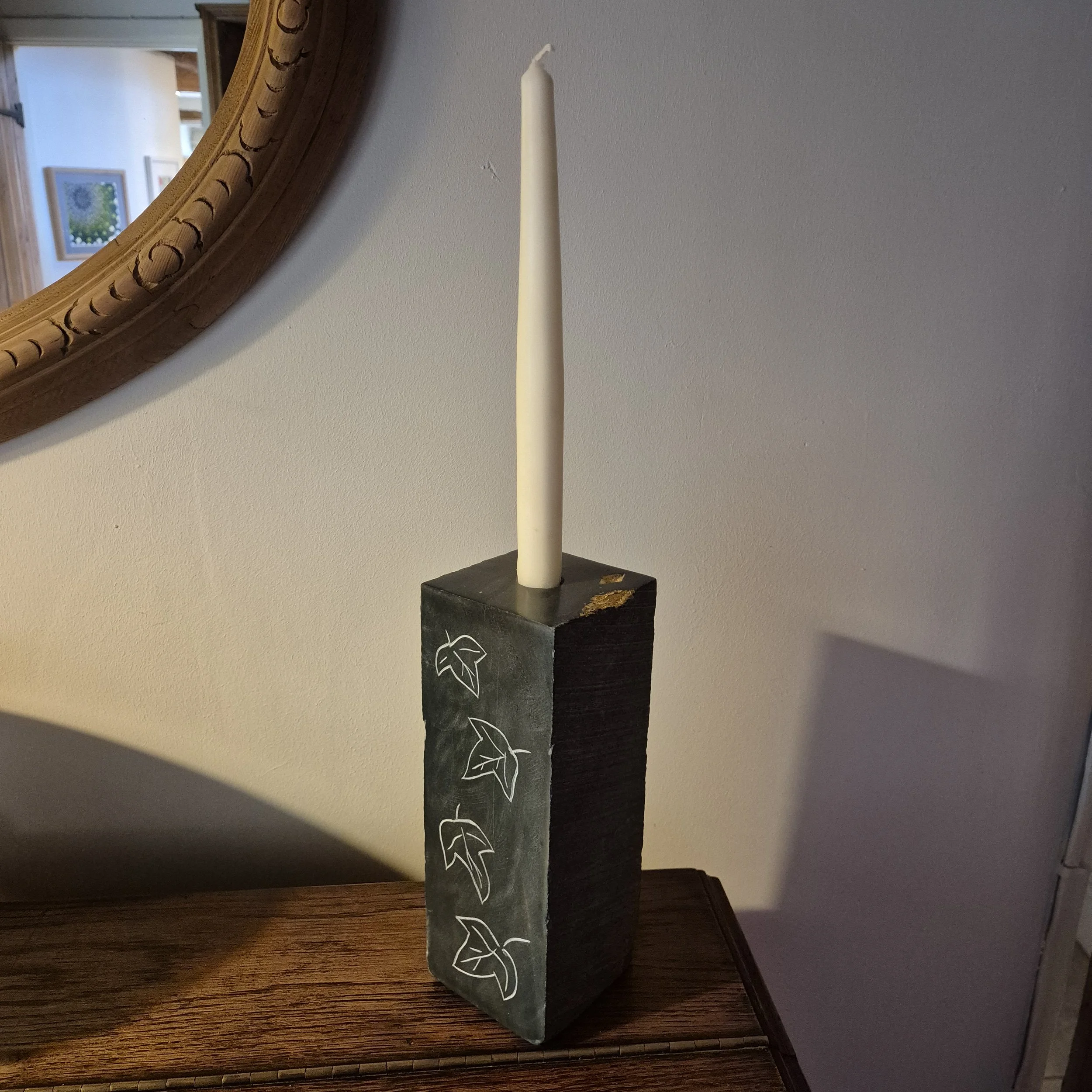Ivy Candlestick, Westmoreland green slate, 24ct gold leaf. £80