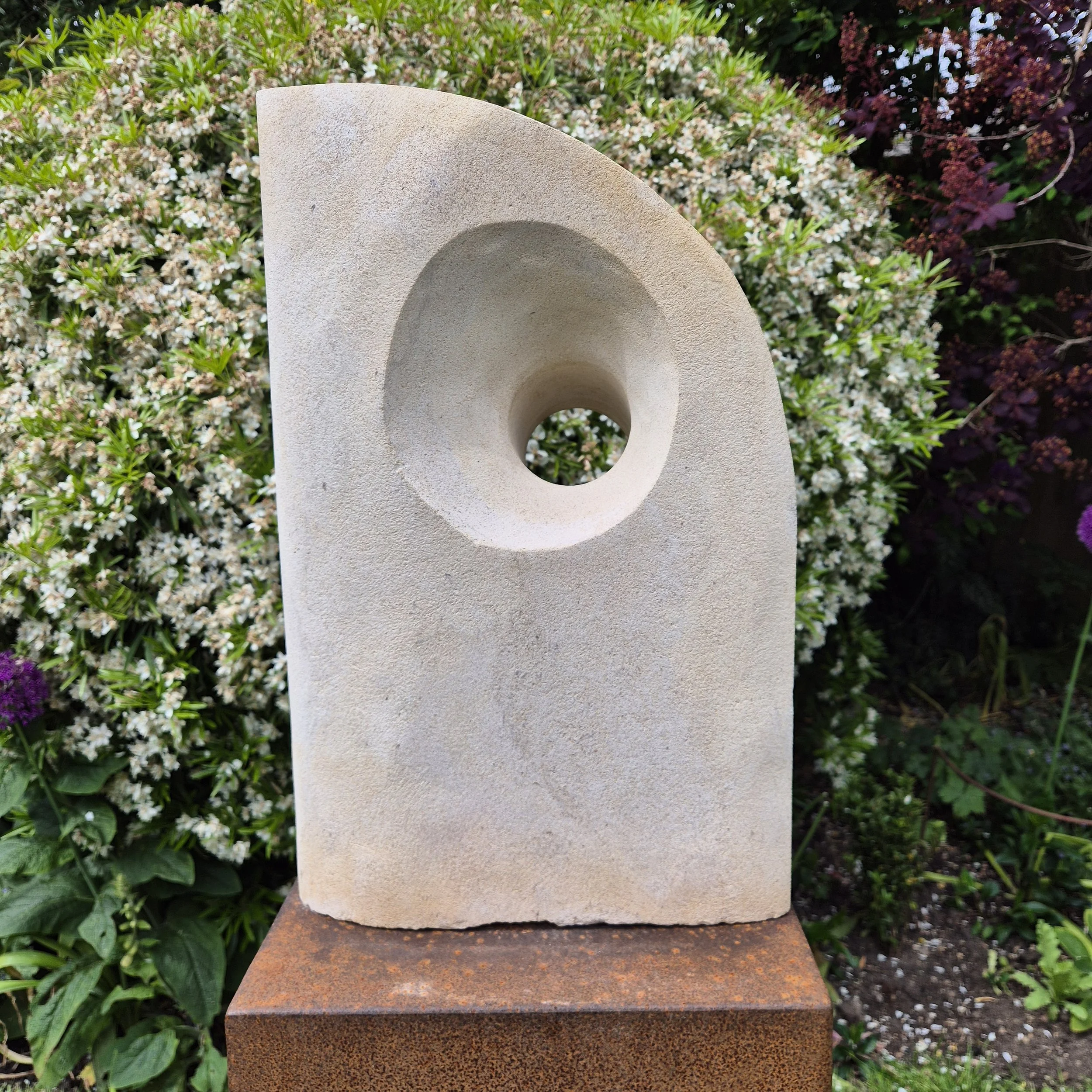 Holed Marker Stone (after Hepworth), Ancaster hard white limestone, rusted steel plinth. £900