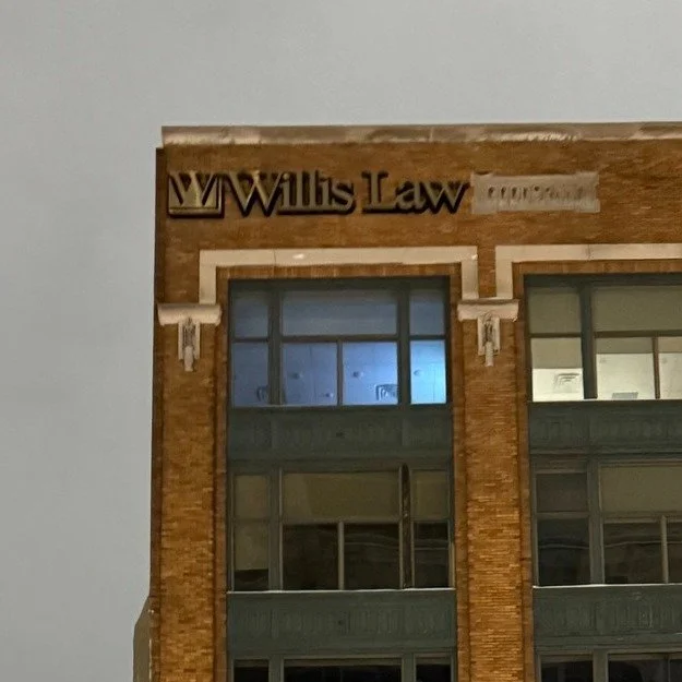 This project took a lot of strategic planning to execute, and we are so happy with how it turned out! Here's what we did for Willis Law in downtown Grand Rapids: 

◾️ Custom fabricated brushed gold titanium reverse-illuminated channel letters
◾️ Moun