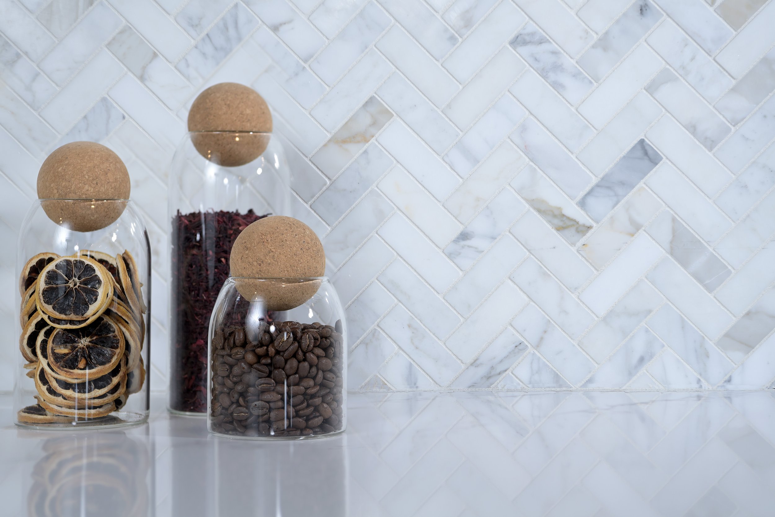 close up of white herringbone tile in Lounge Kitchen