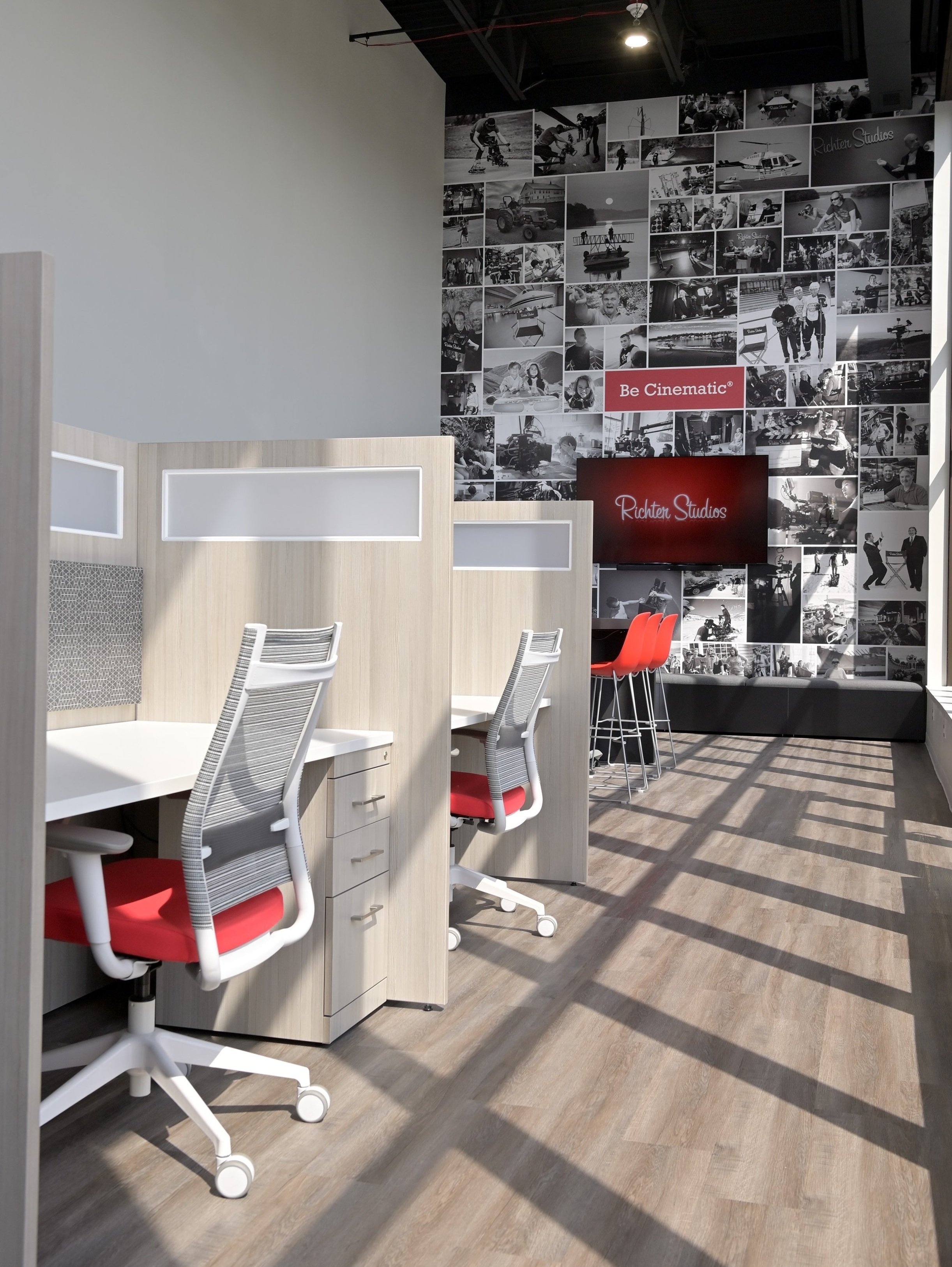 Custom Office Workstation with dividers and pops of red chairs